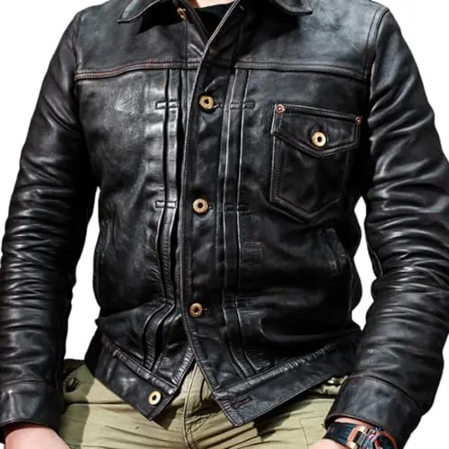 Men's Cowhide Leather Jacket (Genuine Heavy Leather), Slim Fit, Button Closure