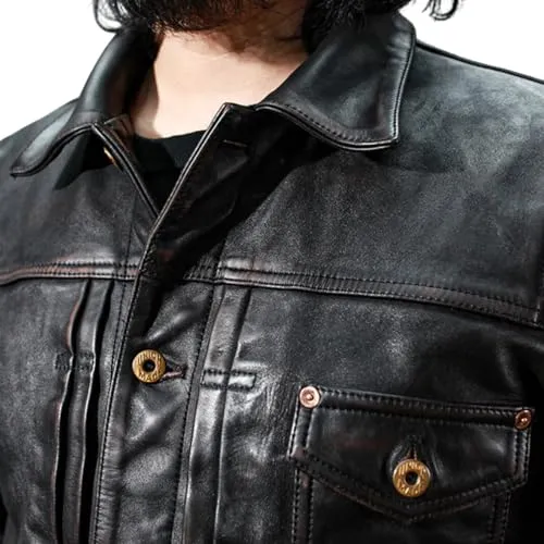 Men's Cowhide Leather Jacket (Genuine Heavy Leather), Slim Fit, Button Closure