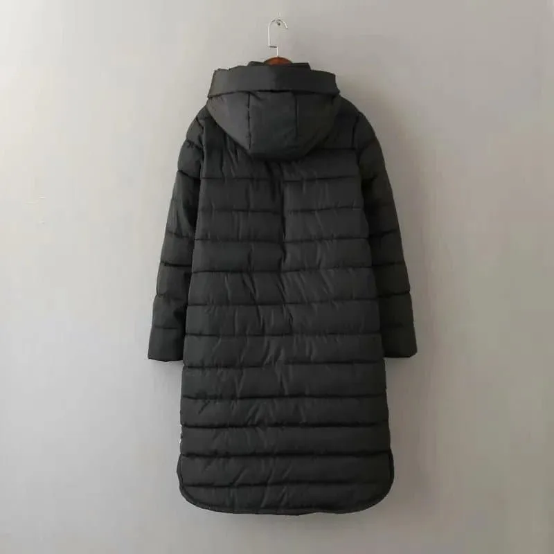 Mid-Length Hooded Jacket - Thick Winter Coat with Hood, Pockets, and Zipper Closure