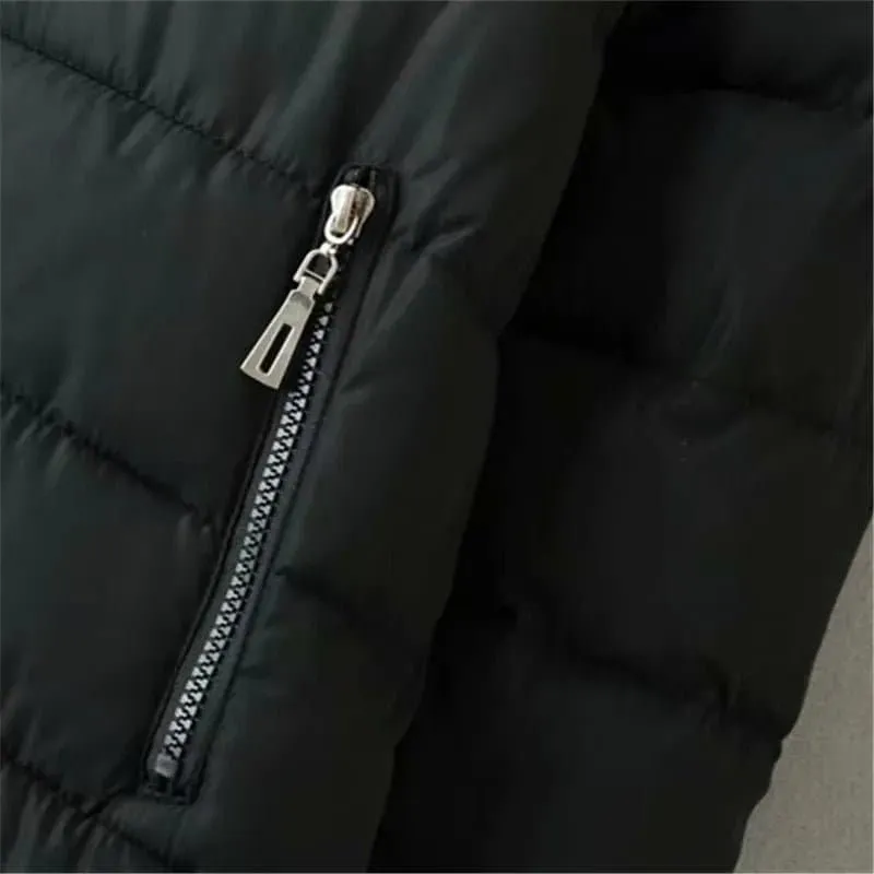 Mid-Length Hooded Jacket - Thick Winter Coat with Hood, Pockets, and Zipper Closure