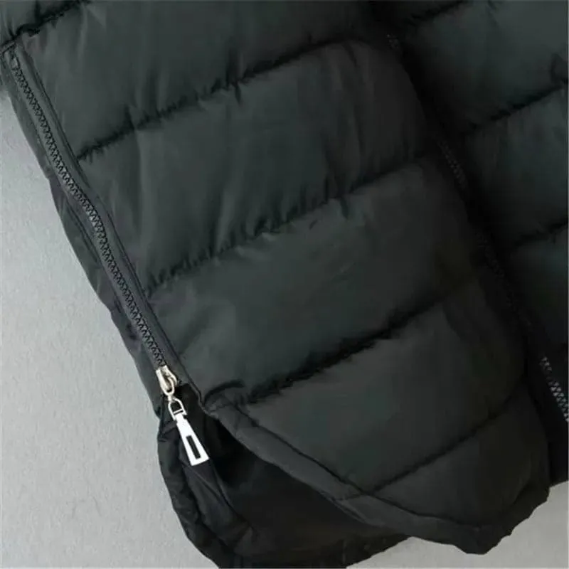 Mid-Length Hooded Jacket - Thick Winter Coat with Hood, Pockets, and Zipper Closure