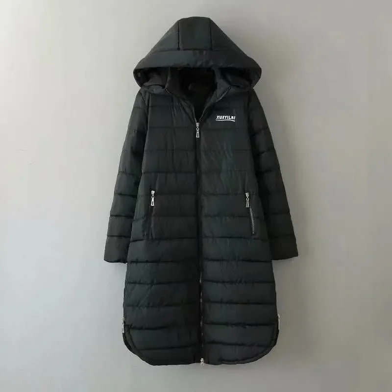 Mid-Length Hooded Jacket - Thick Winter Coat with Hood, Pockets, and Zipper Closure