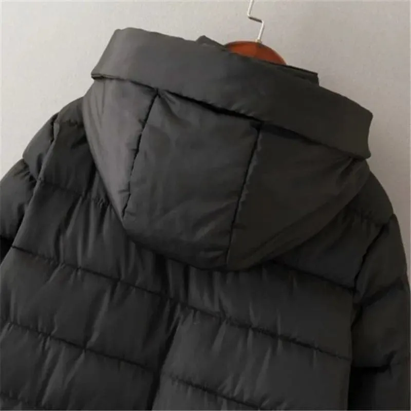 Mid-Length Hooded Jacket - Thick Winter Coat with Hood, Pockets, and Zipper Closure