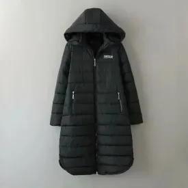 Mid-Length Hooded Jacket - Thick Winter Coat with Hood, Pockets, and Zipper Closure