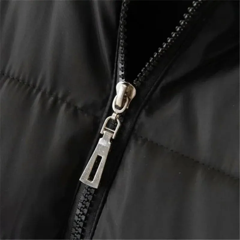 Mid-Length Hooded Jacket - Thick Winter Coat with Hood, Pockets, and Zipper Closure