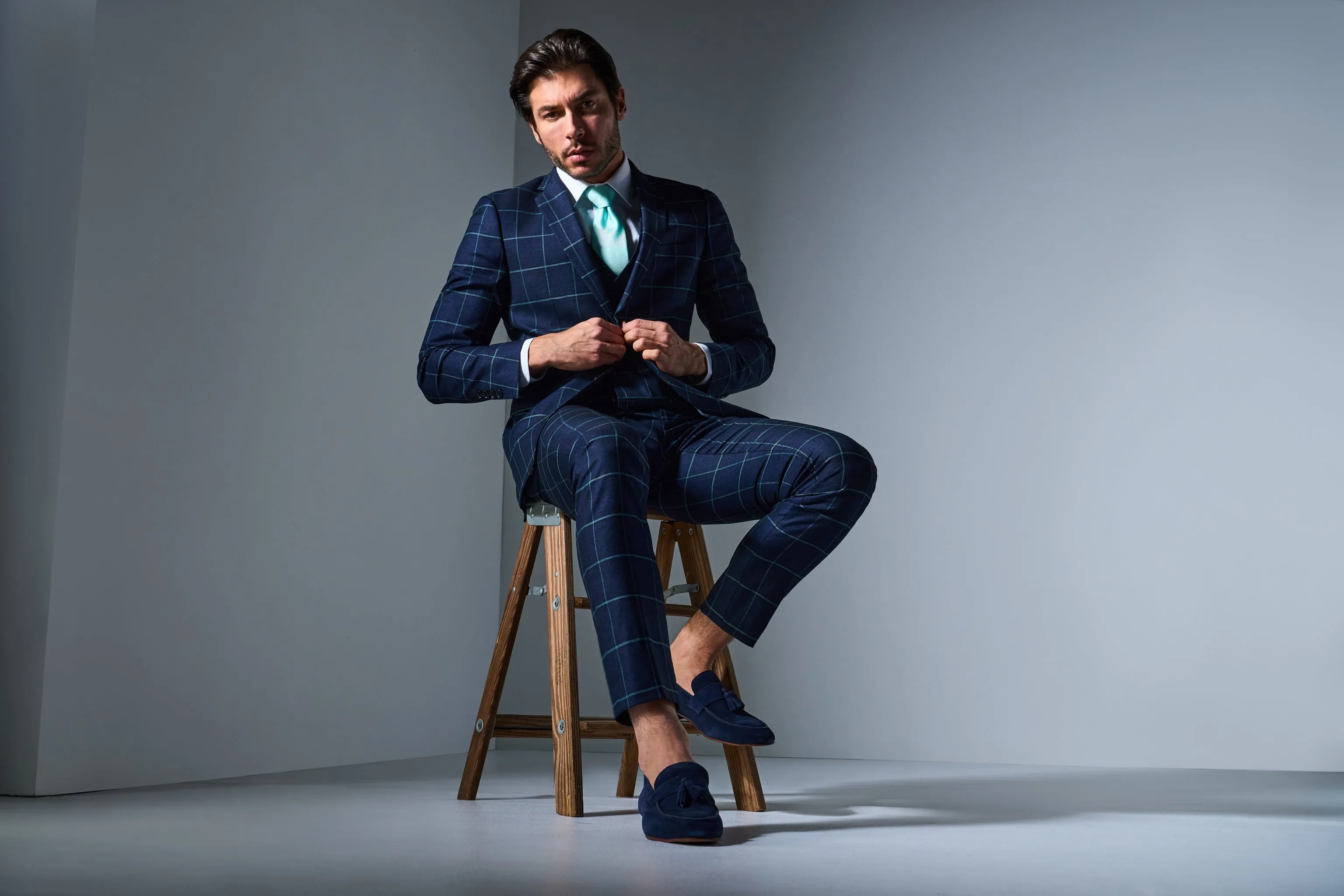 Navy and Teal Window Pane 3 Piece Suit