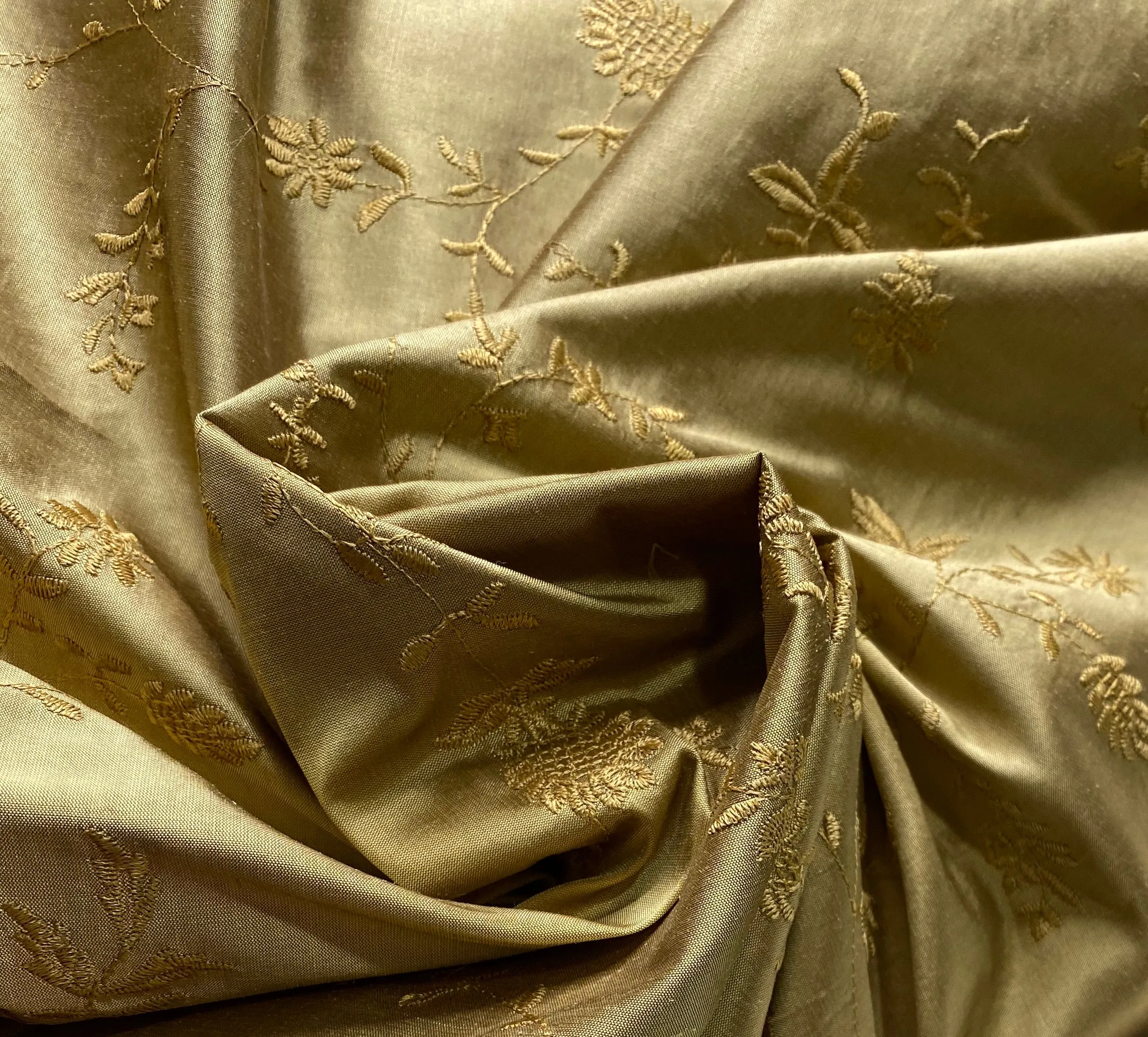 NEW Lady Aster 100% Silk Dupioni Embroidered Floral Fabric - Gold