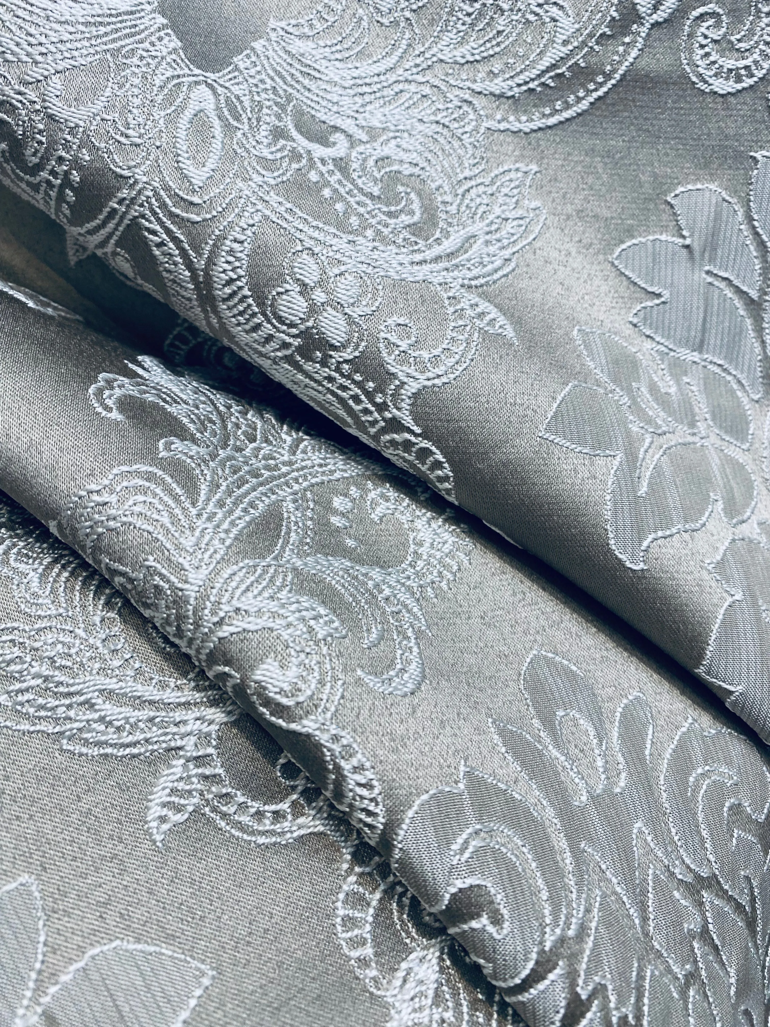 NEW Princess Gemma Designer Brocade Satin Fabric- Gray On Gray- Upholstery Medallion