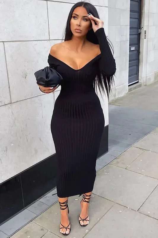 Off Shoulder Ribbed Bodycon Dress