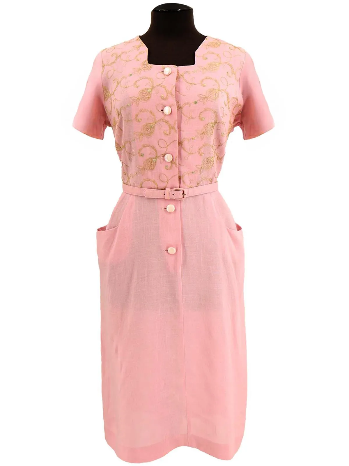 Pink Embroidered Linen 1940s Vintage Dress