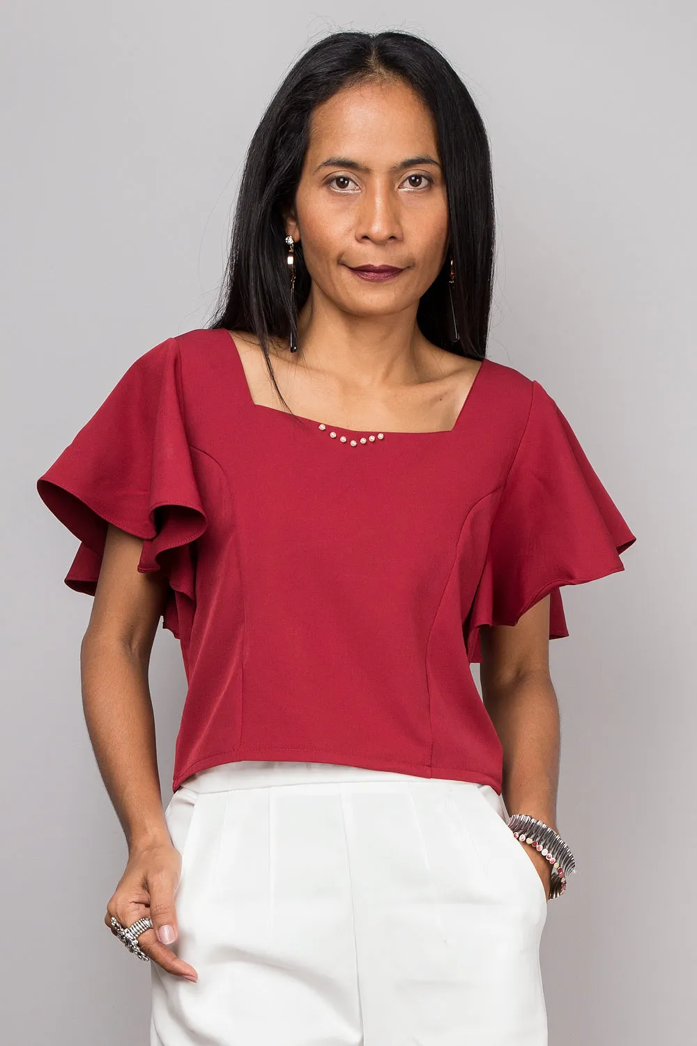 Red top, Short sleeved red top, red tunic, Crop top, Ruffle sleeve top, Elegant red top