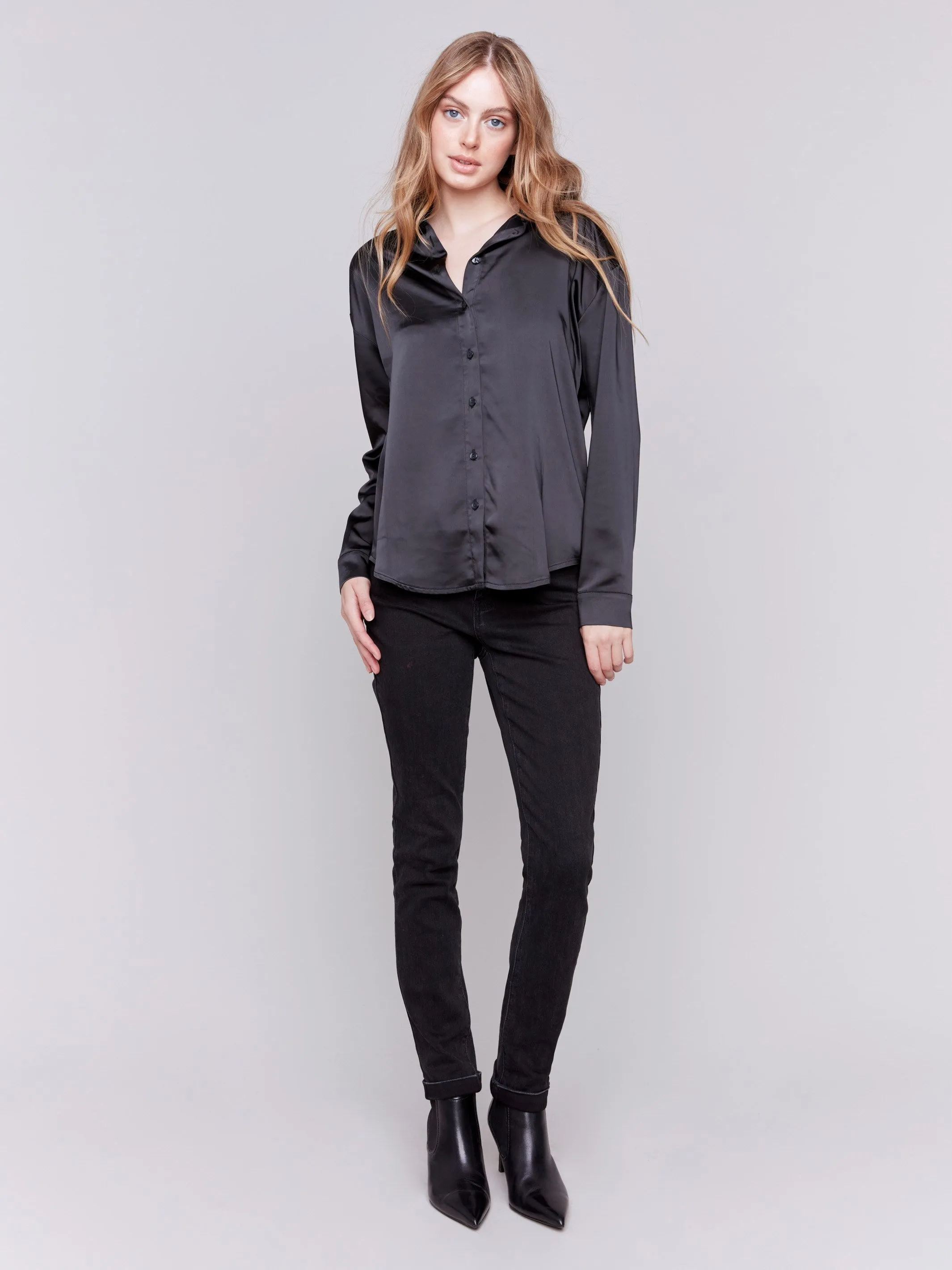 Solid Satin Button-Down Shirt - Black