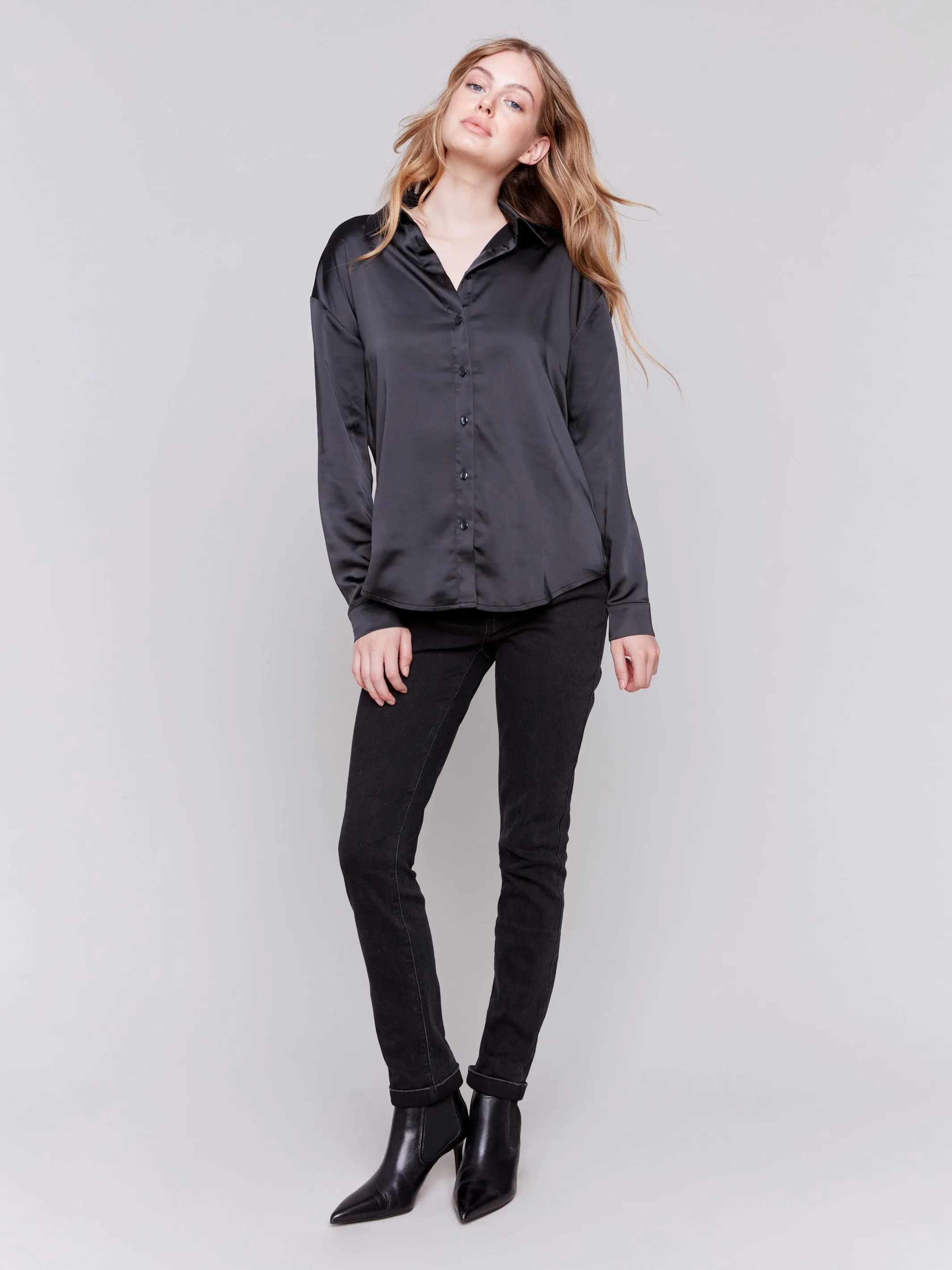 Solid Satin Button-Down Shirt - Black