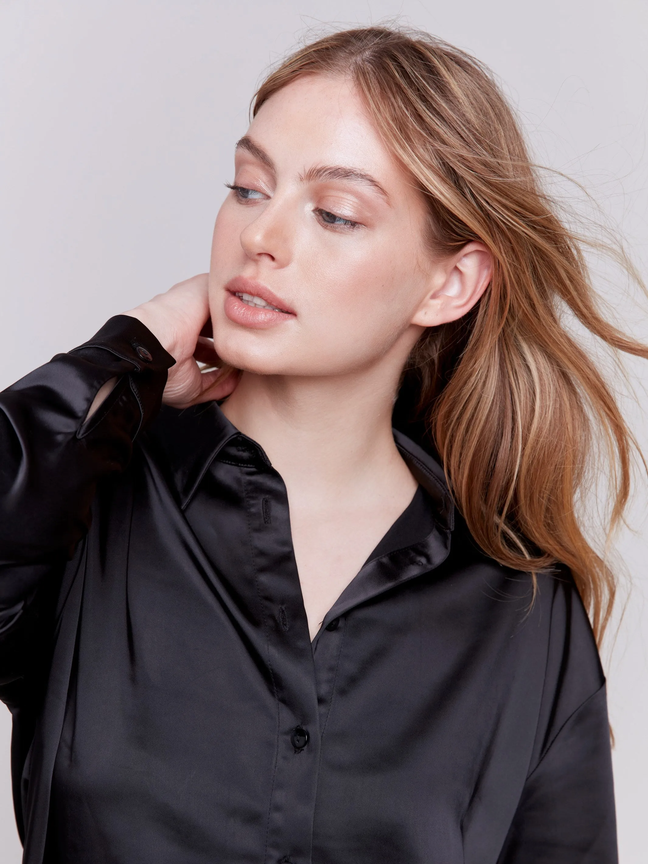 Solid Satin Button-Down Shirt - Black