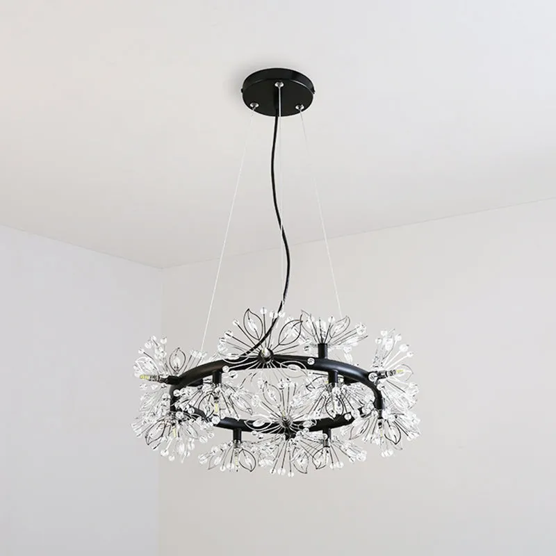 Stylish Black Chandelier with 18-Bulbs, Modern Floral Crystal Bead Design - Hanging Lamp Kit