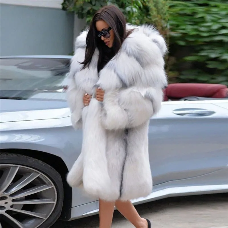 Thick Fox Fur Coat With Hood