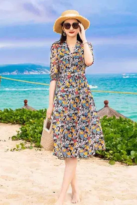 Vintage Floral Silk Dress – Bright Blossoms for Summer