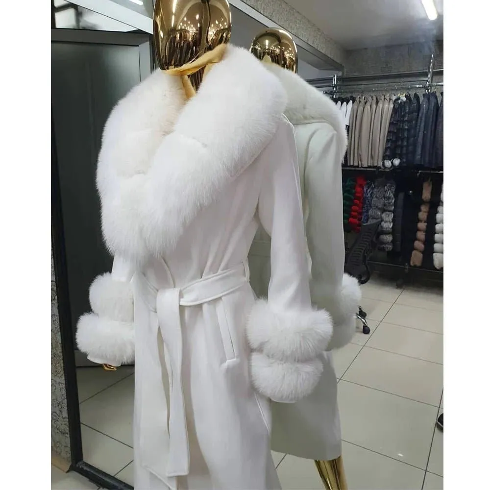 White Fox Fur Wool Coat - Luxurious and Warm X-Long Winter Jacket