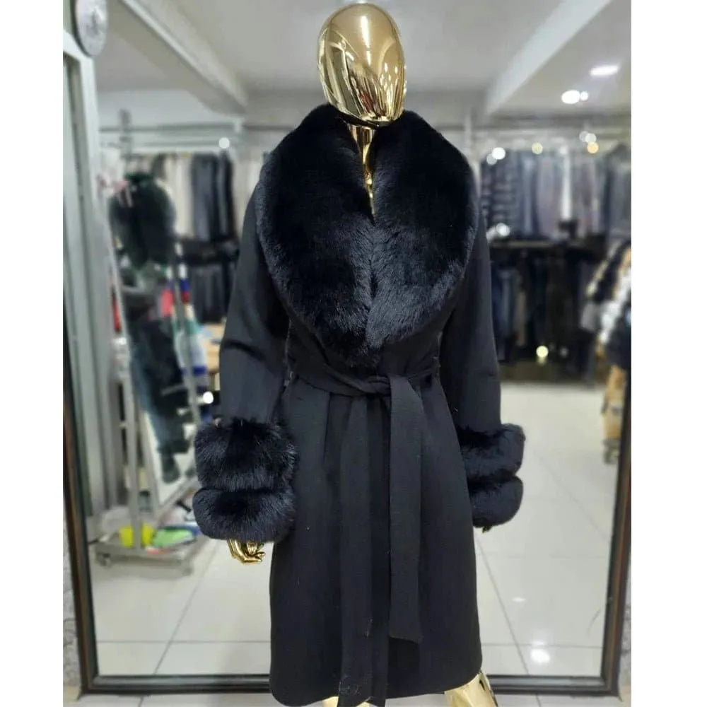 White Fox Fur Wool Coat - Luxurious and Warm X-Long Winter Jacket