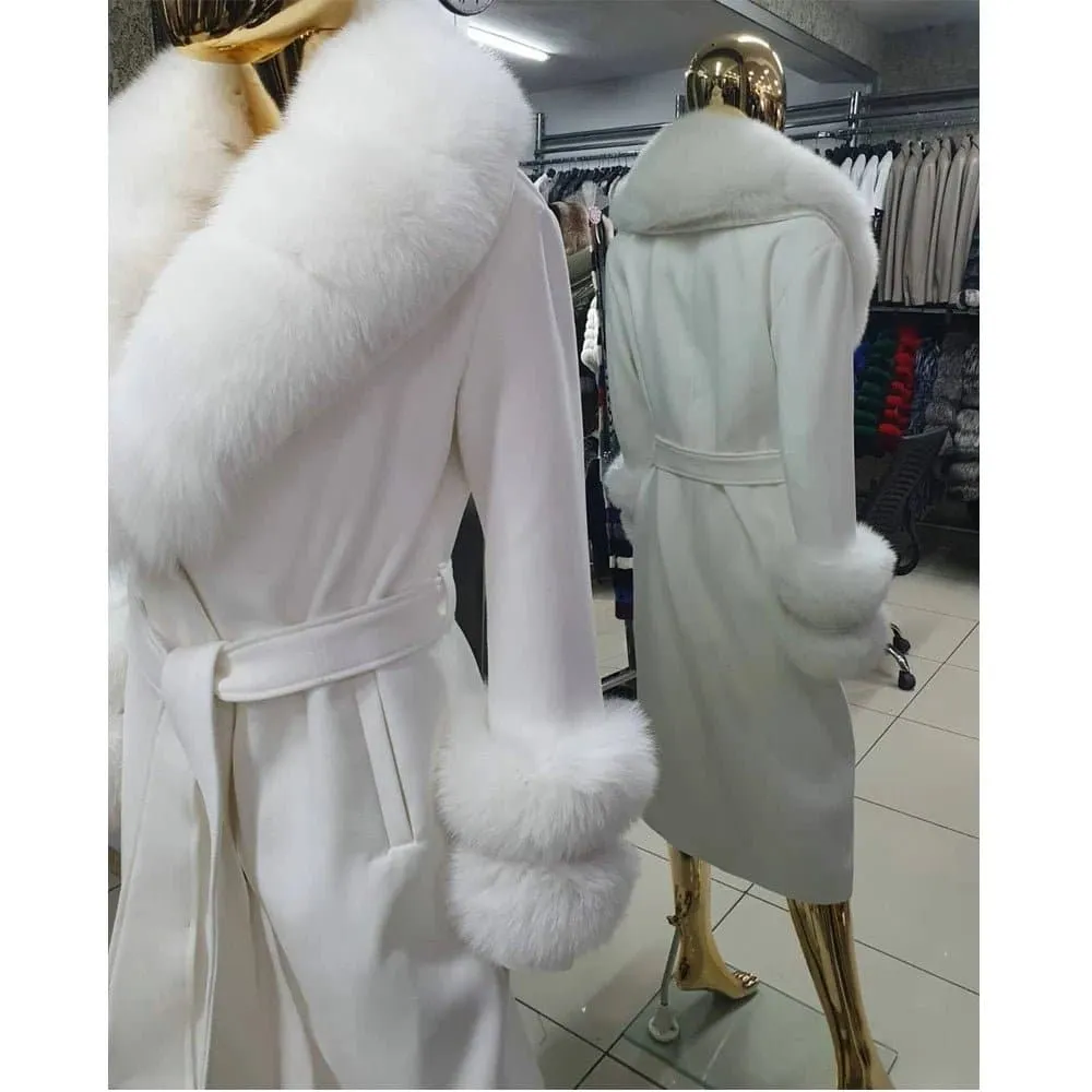 White Fox Fur Wool Coat - Luxurious and Warm X-Long Winter Jacket