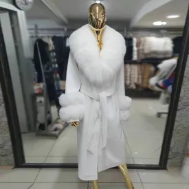 White Fox Fur Wool Coat - Luxurious and Warm X-Long Winter Jacket